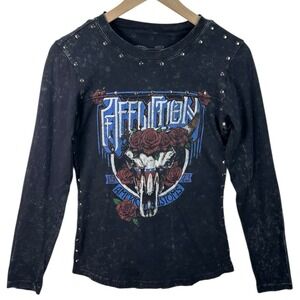 Affliction Studded‎ Long Sleeve Graphic Top Women's Medium Black Skull Roses Tee